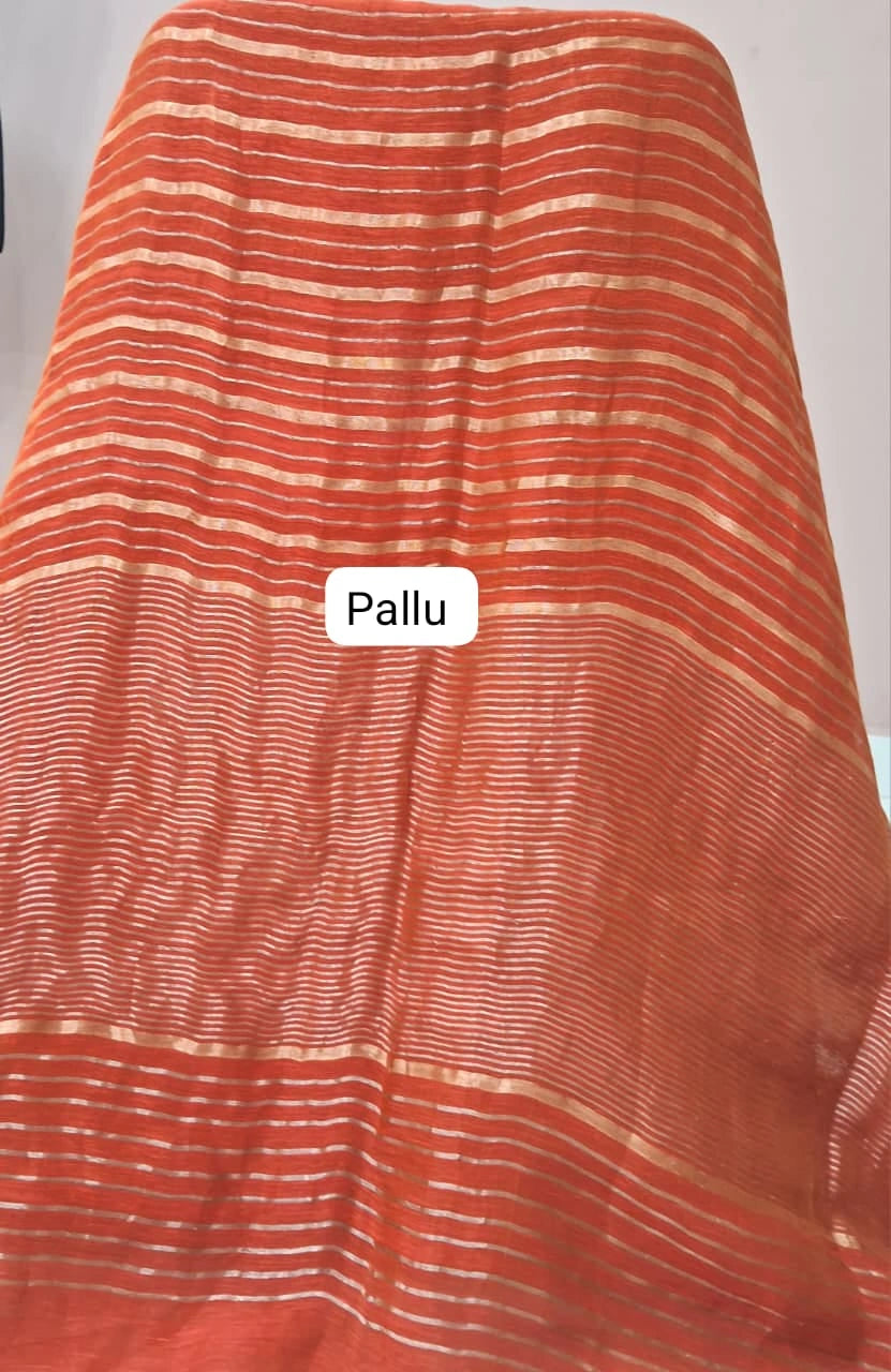 Dark Orange Pure Silk Linen Saree pallu