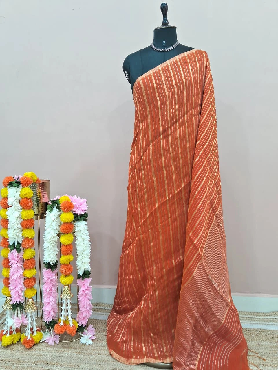 Dark Orange Pure Silk Linen Saree 