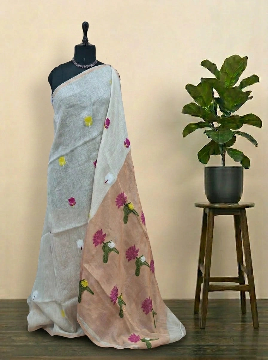 Off-White Pure Silk Linen Saree