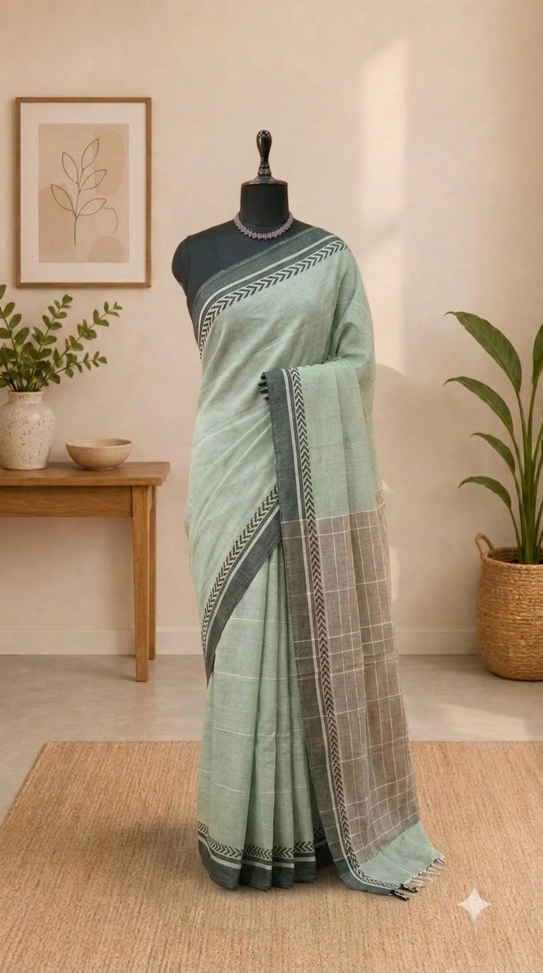 Light Mint Green Pure Linen Saree