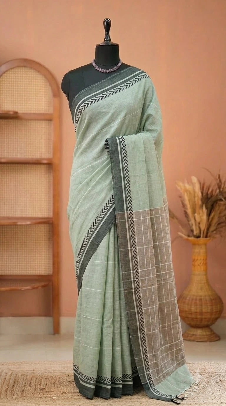 Light Mint Green Pure Linen Saree
