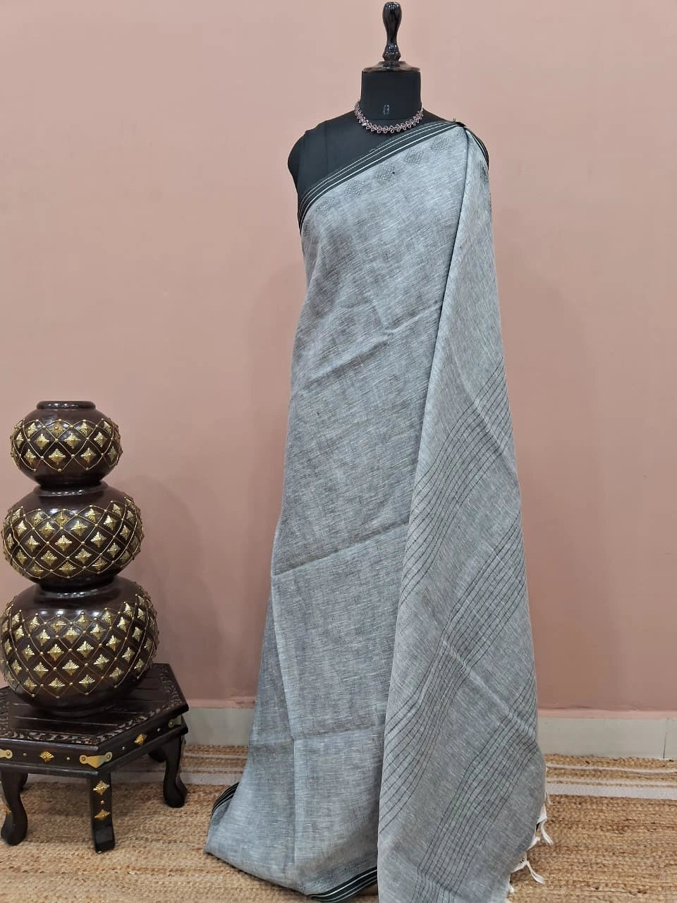 Metal Grey Pure Linen Saree 