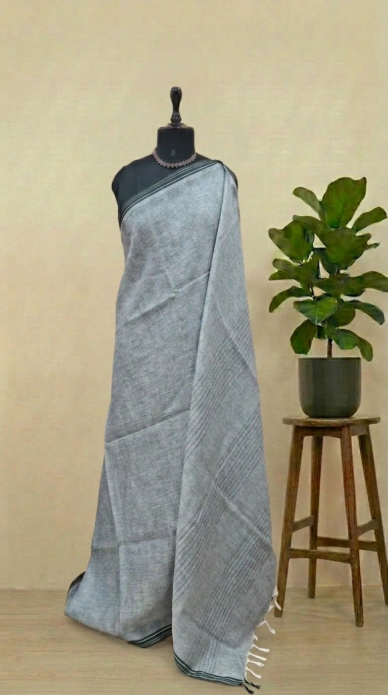 Metal Grey Pure Linen Saree 