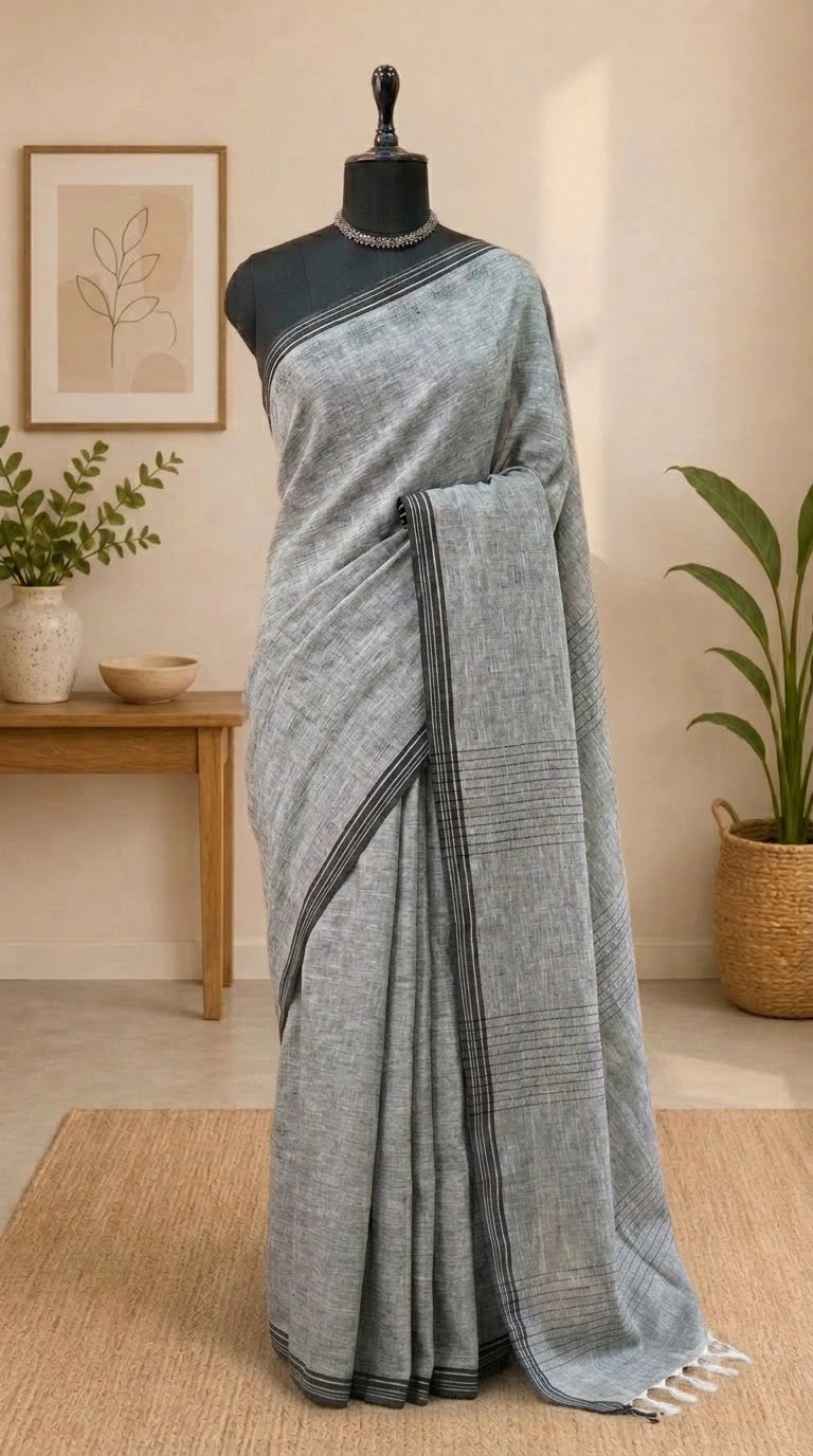 Metal Grey Pure Linen Saree 