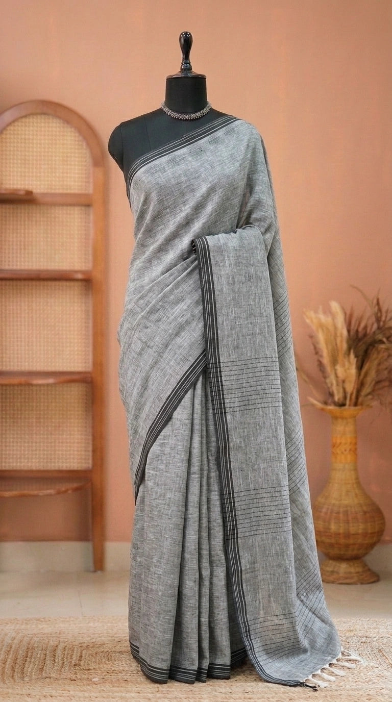 Metal Grey Pure Linen Saree 