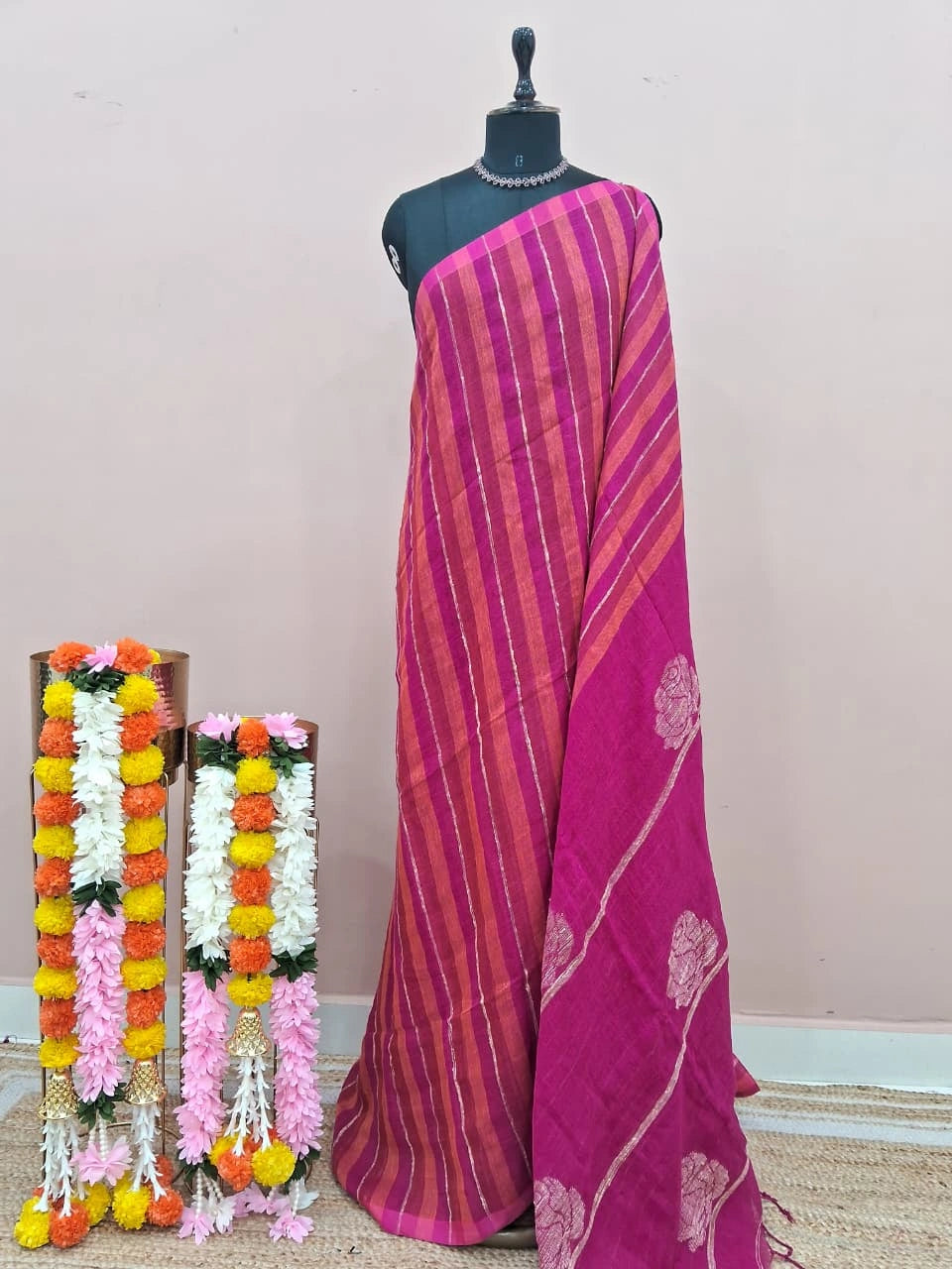 Pink and orange striped pure organic linen saree