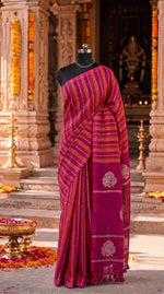 Pink and orange striped pure organic linen saree 1