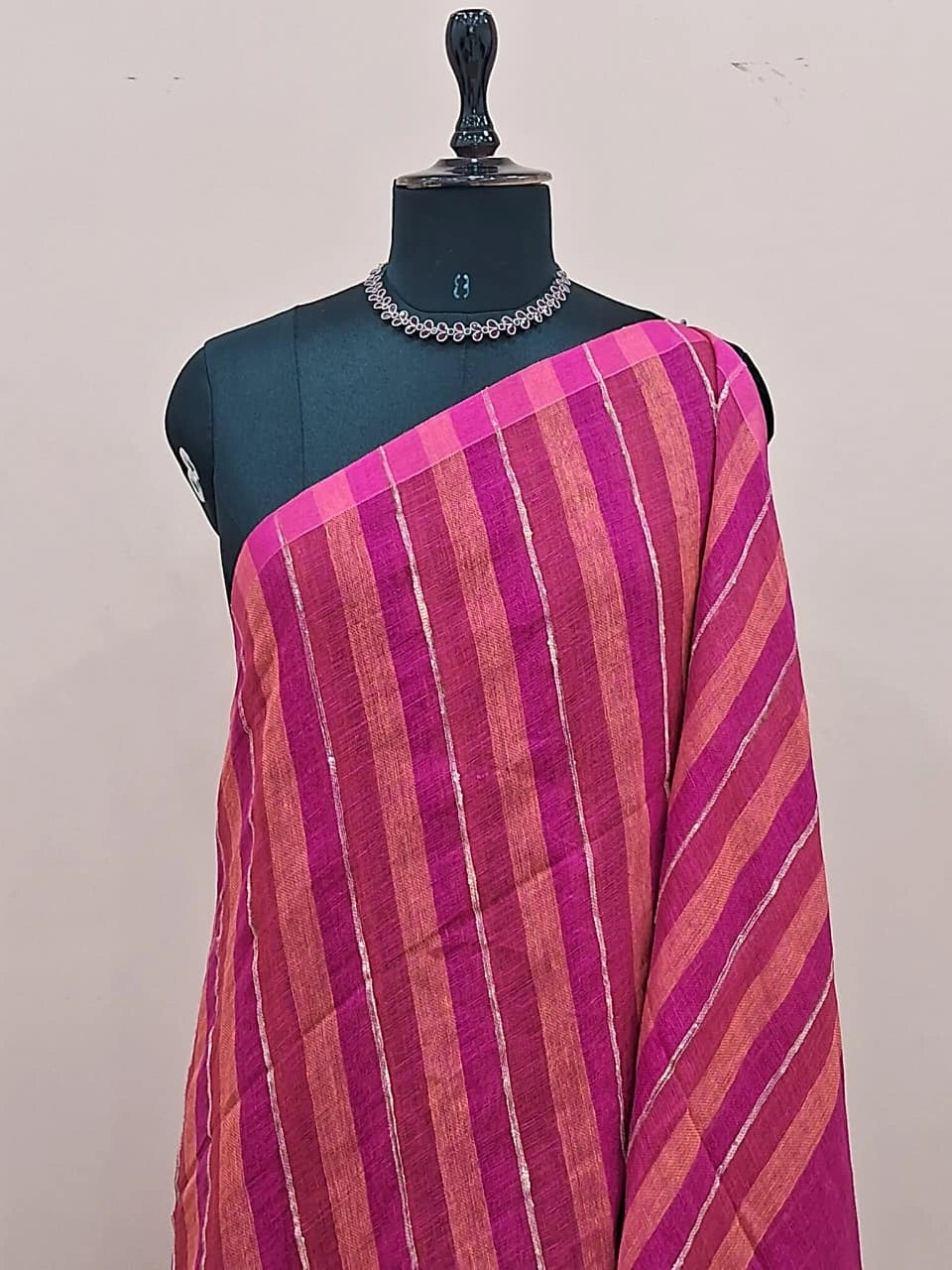 Pink and orange striped pure organic linen saree2