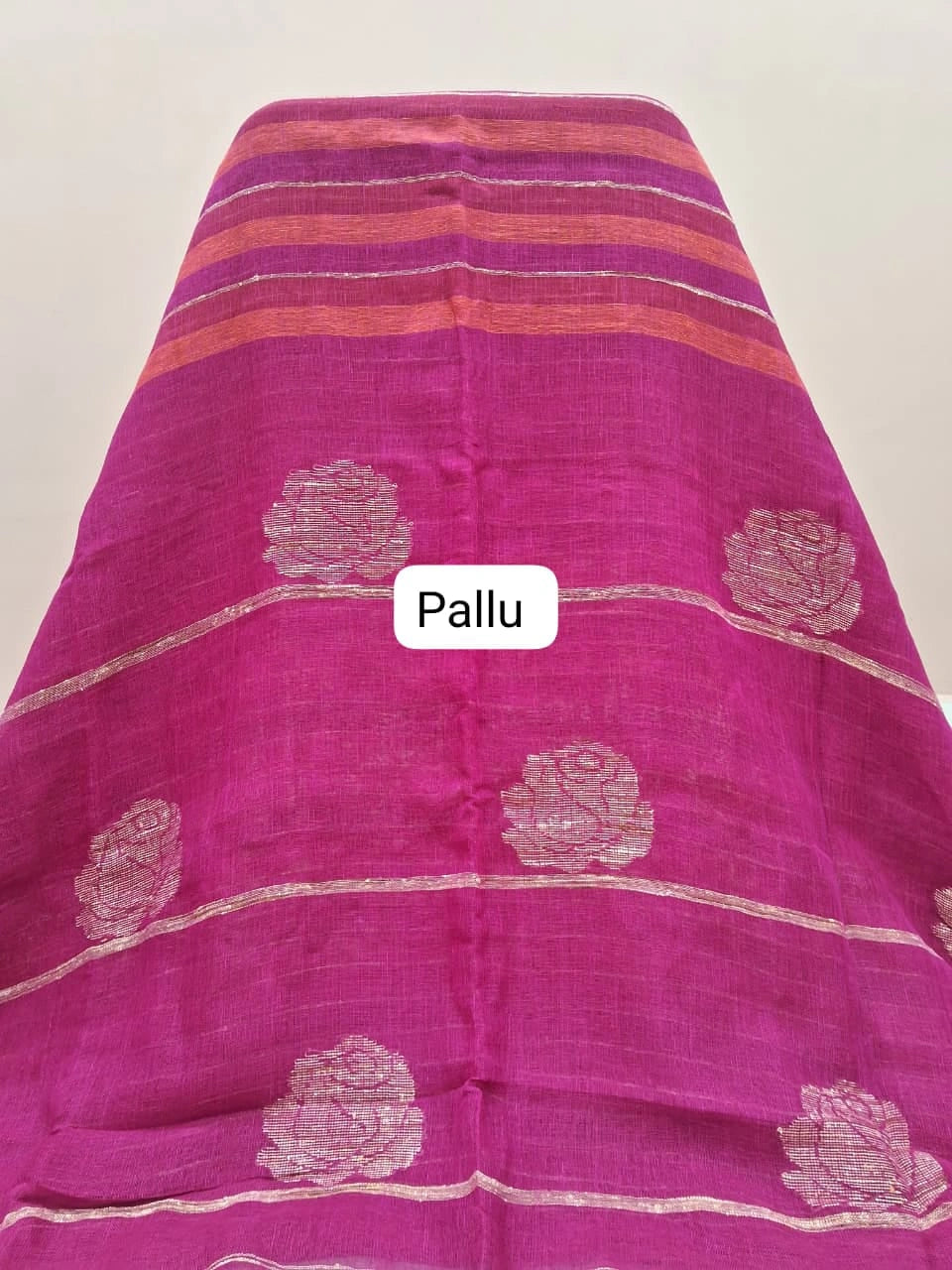 Pink and orange striped pure organic linen saree Pallu