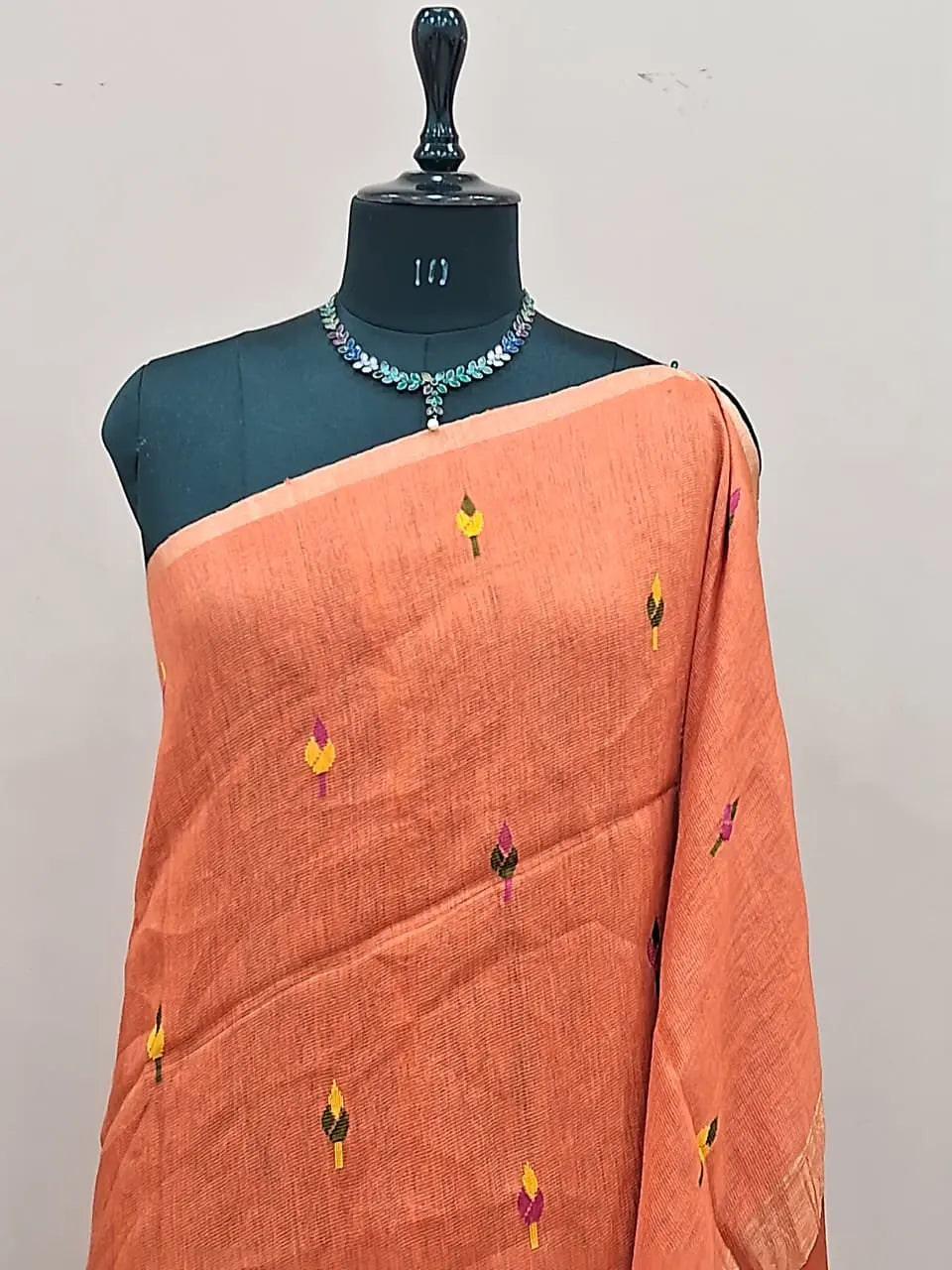 Dark Orange Pure Silk Linen Saree 1