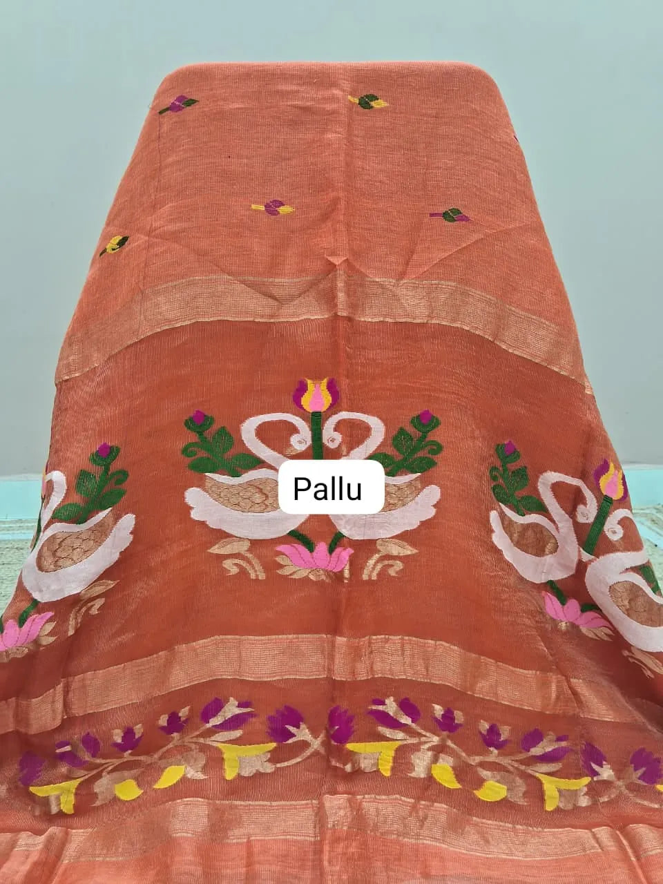Dark Orange Pure Silk Linen Saree Pallu