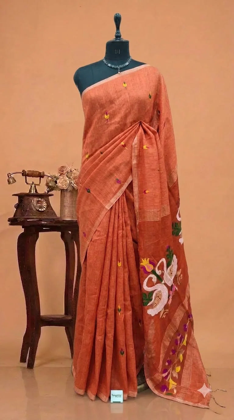 Dark Orange Pure Silk Linen Saree