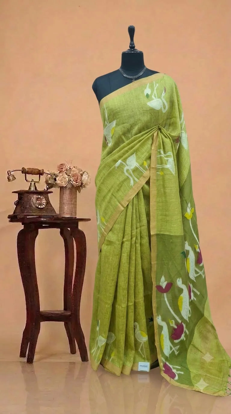Lime Green Pure Silk Linen Saree