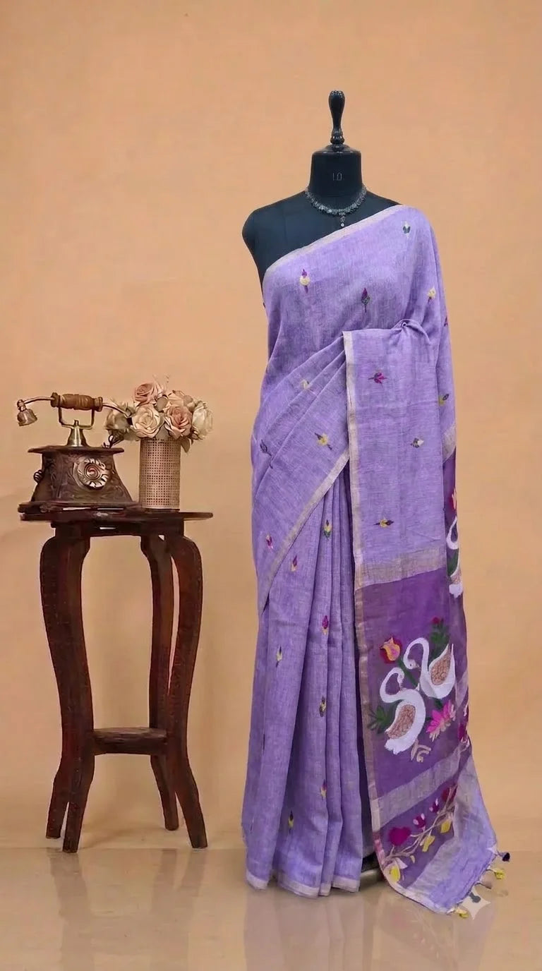 Lavender Pure Silk Linen Saree