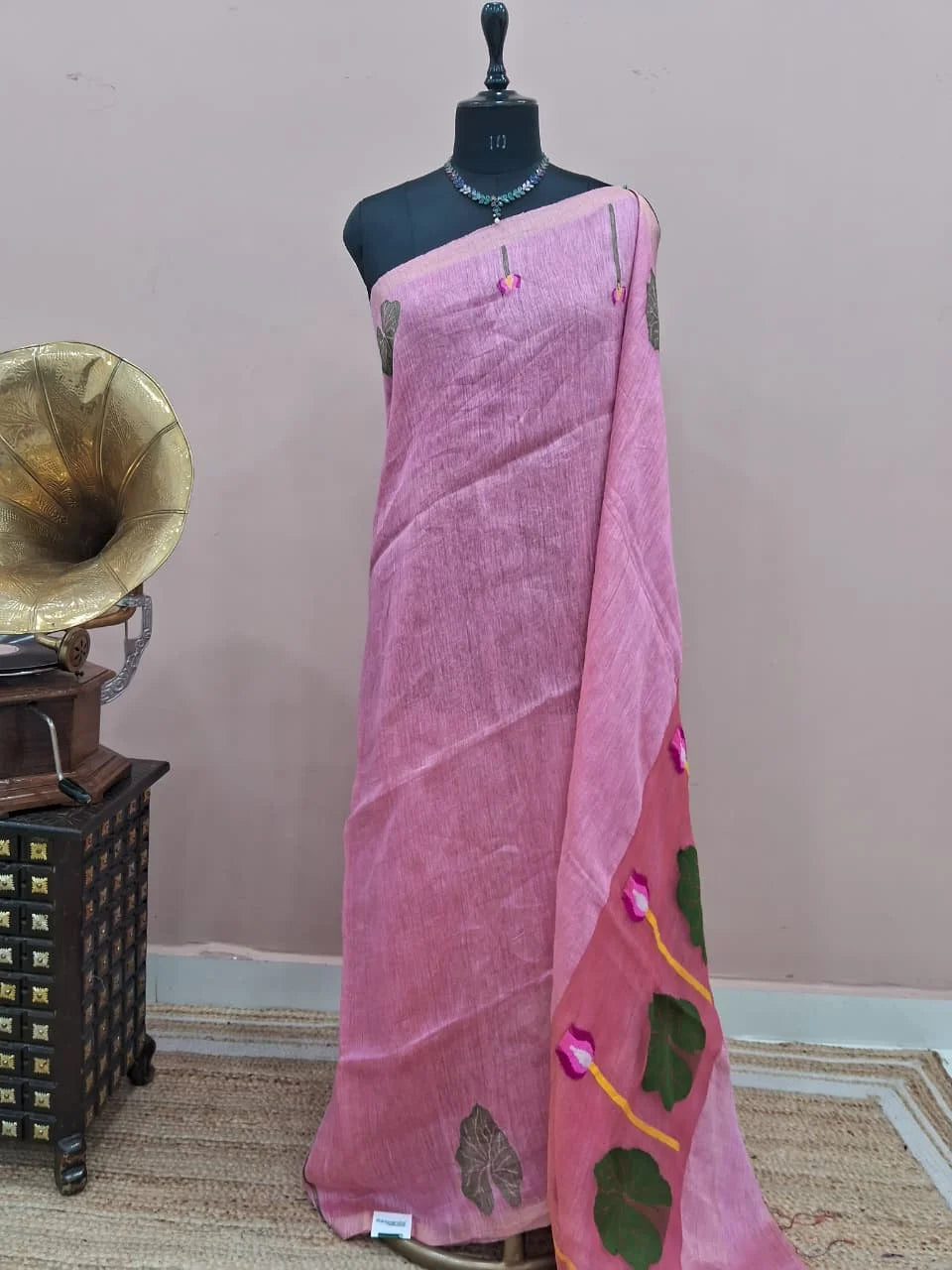 Rose Pink Pure Silk Linen Saree