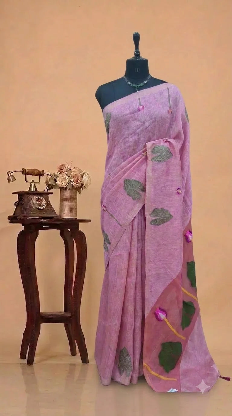Rose Pink Pure Silk Linen Saree