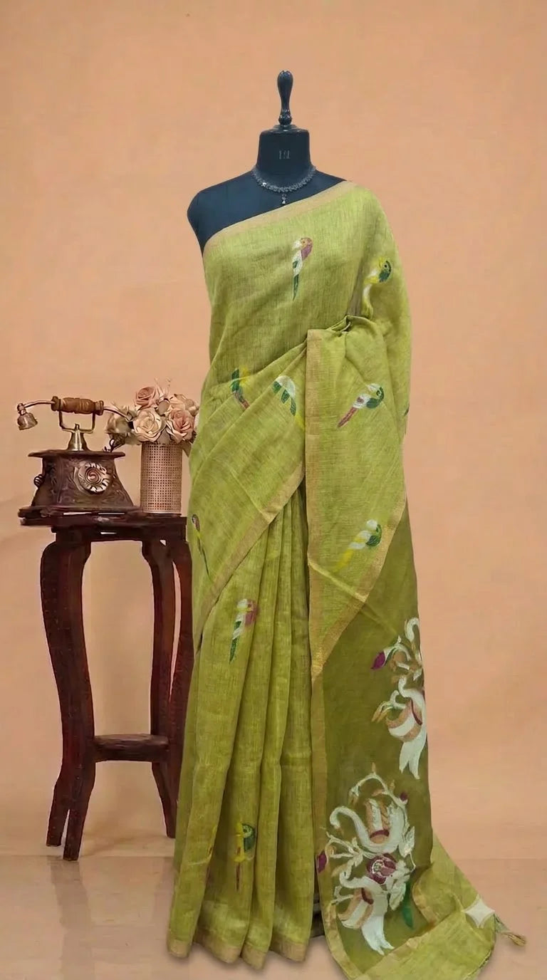 Green Pure Silk Linen Saree 
