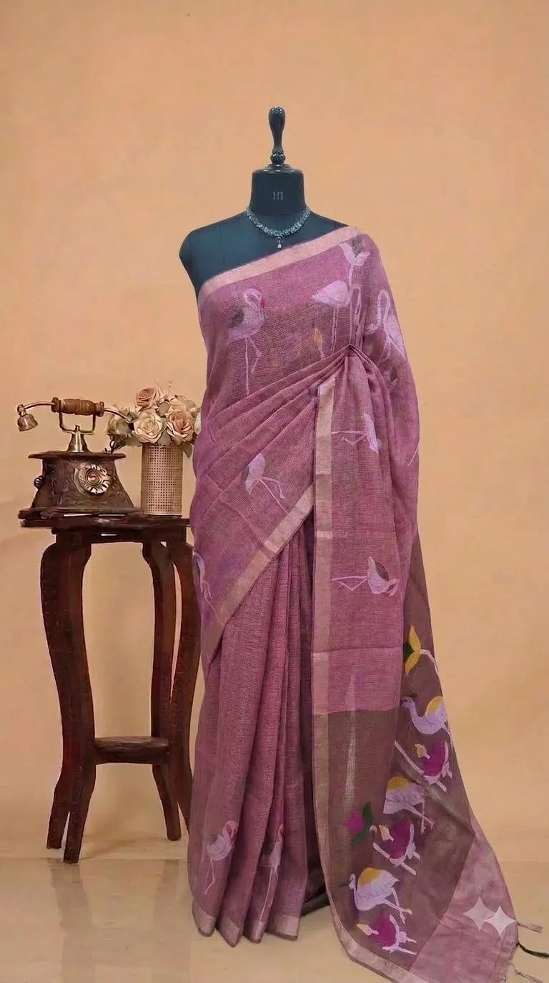 Onion Pink Pure Silk Linen Saree