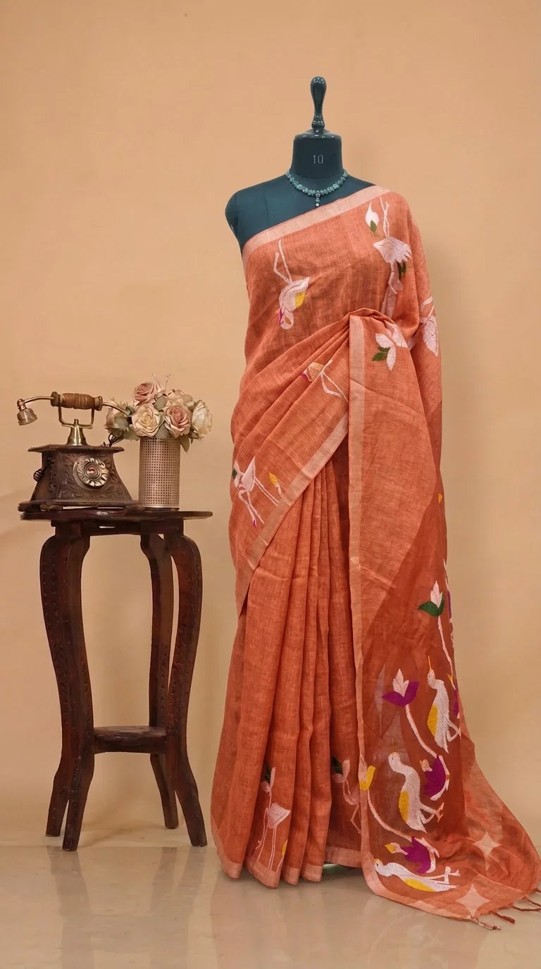 Orange Pure Silk Linen Saree 