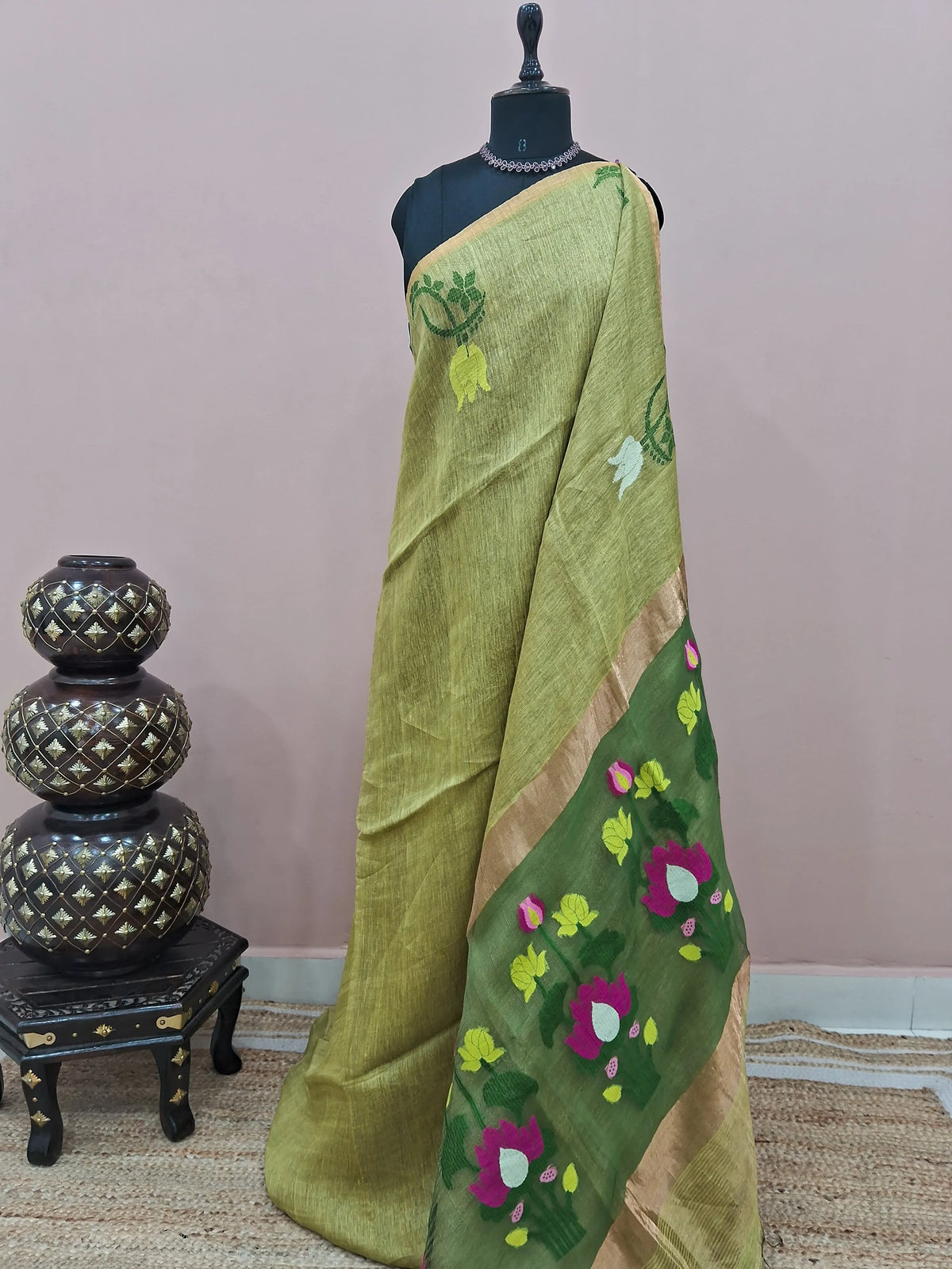 Leaf Green Pure Silk Linen Saree 