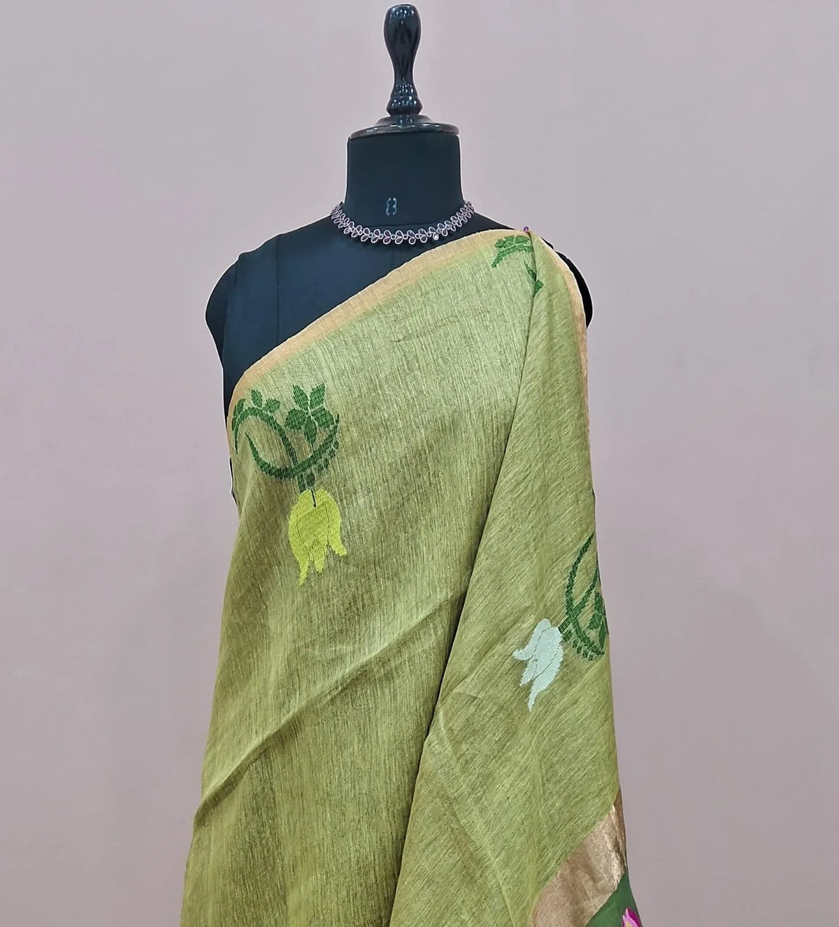 Leaf Green Pure Silk Linen Saree  1
