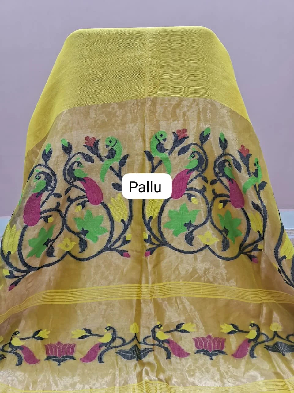 Light Yellow Pure Silk Linen Saree Pallu