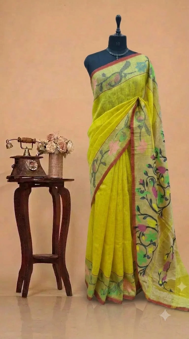Light Yellow Pure Silk Linen Saree