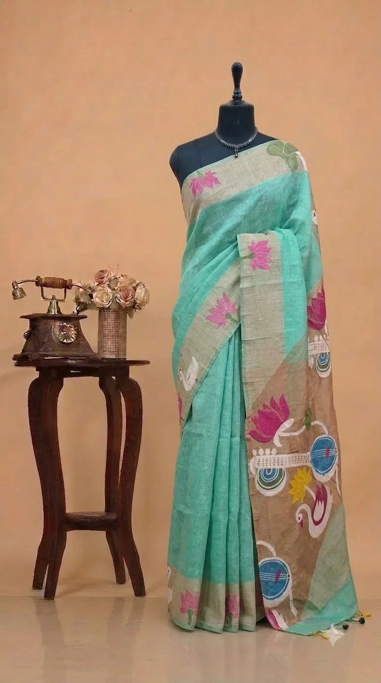 Sea Blue Pure Silk Linen Saree 