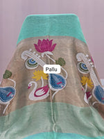 Sea Blue Pure Silk Linen Saree pallu