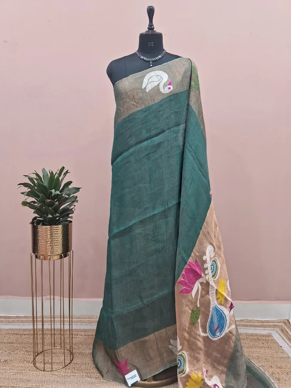 Dark Green Pure Silk Linen Saree 