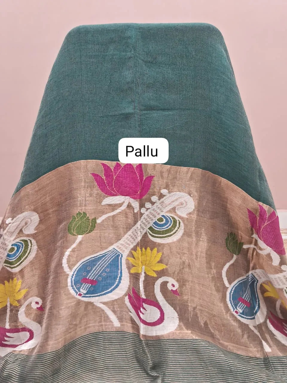 Dark Green Pure Silk Linen Saree pallu