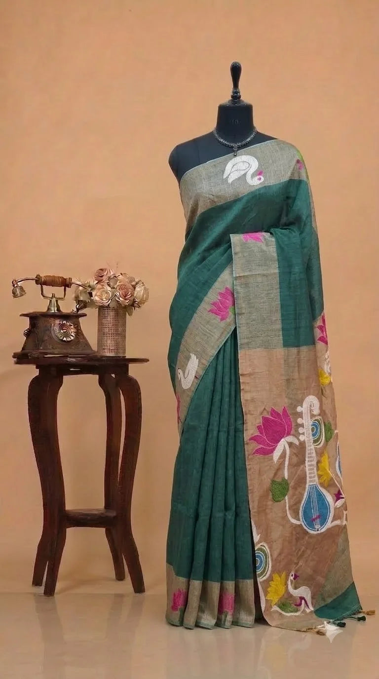 Dark Green Pure Silk Linen Saree 