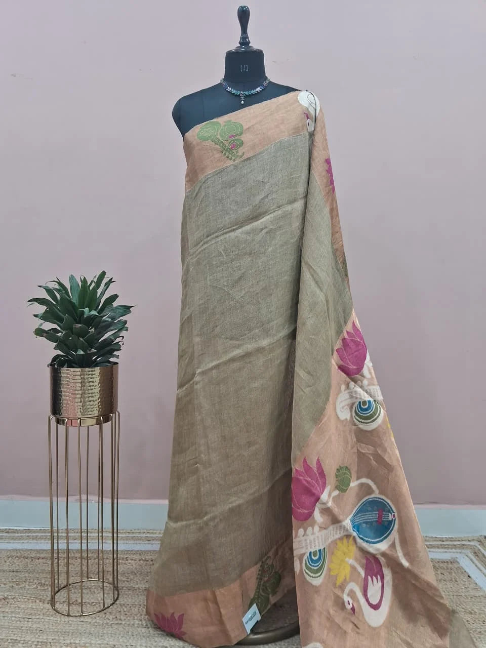 Dark Beige Pure Silk Linen Saree 