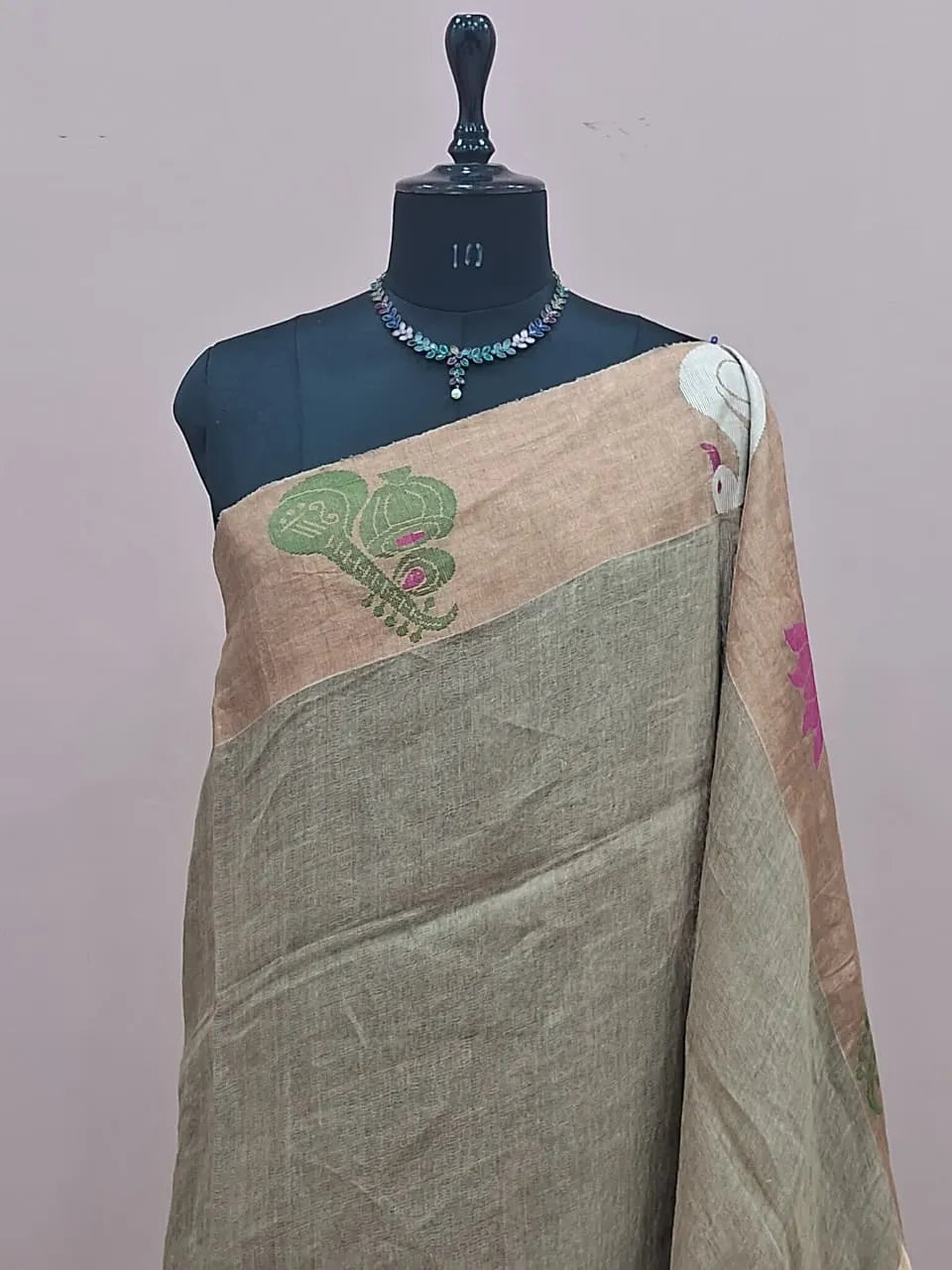 Dark Beige Pure Silk Linen Saree 1