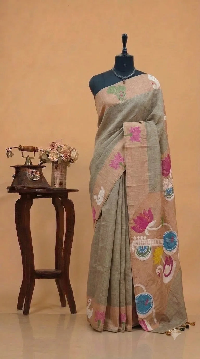 Dark Beige Pure Silk Linen Saree 