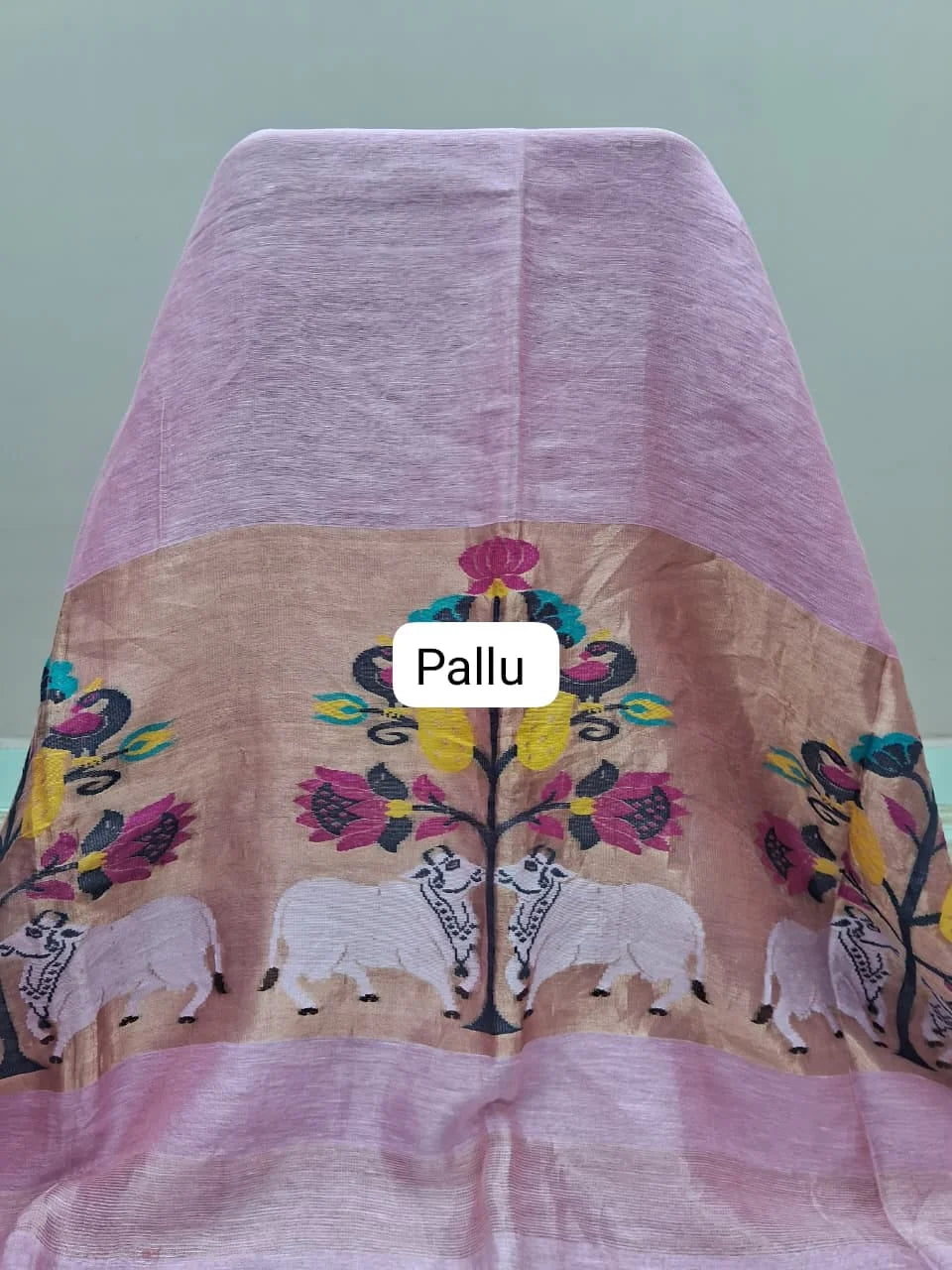 Baby Pink Pure Silk Linen Saree pallu
