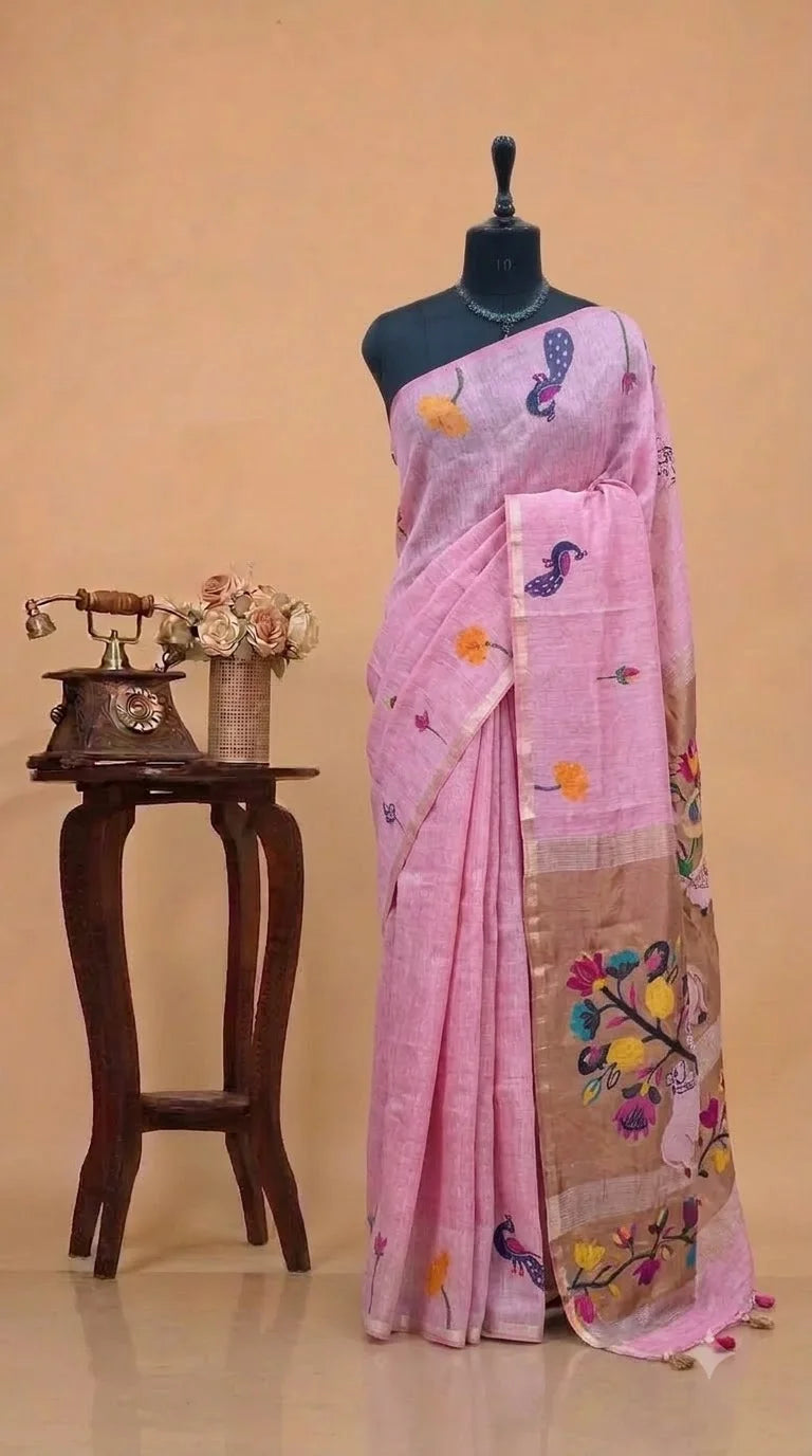 Baby Pink Pure Silk Linen Saree 