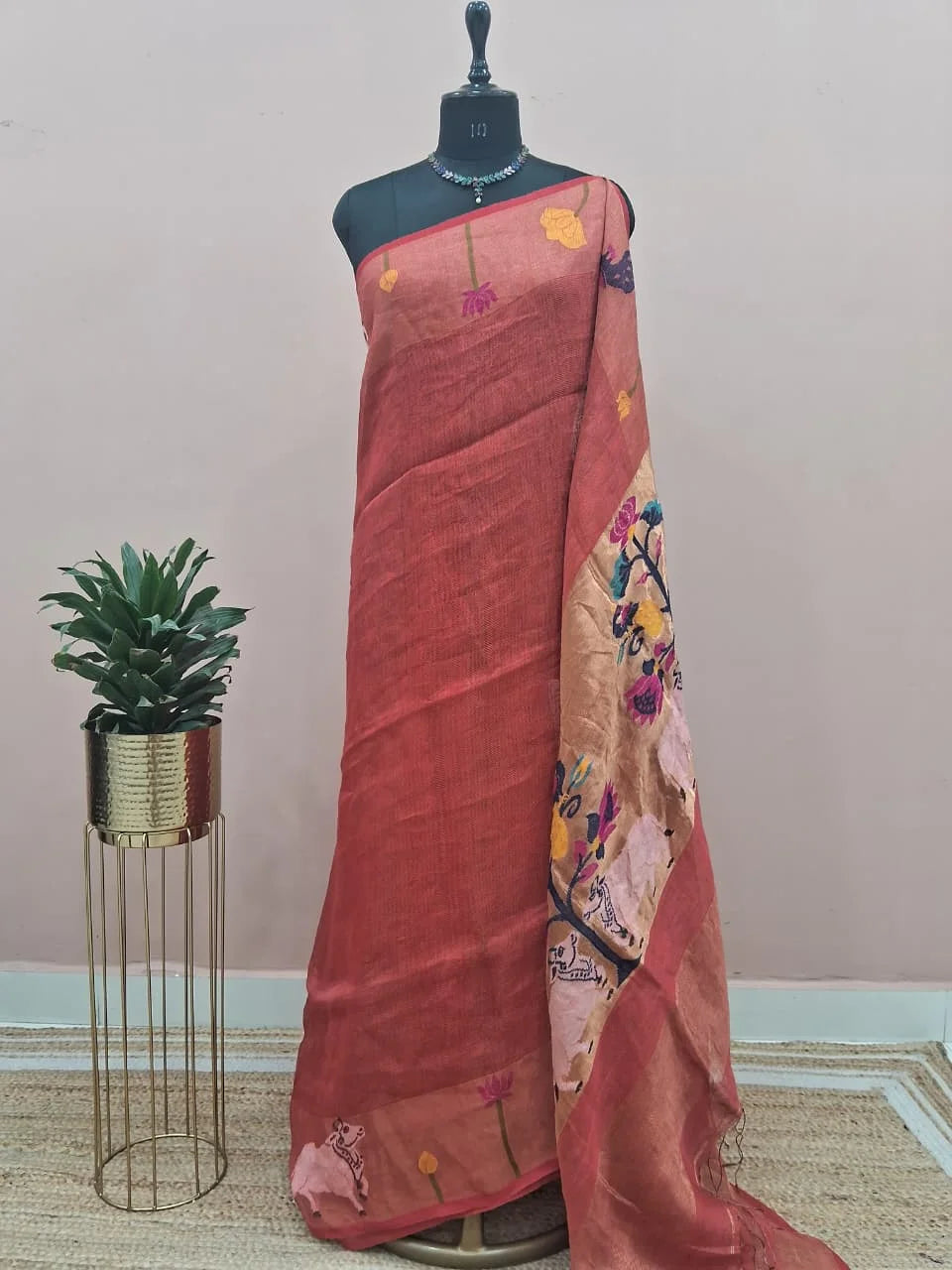 Rust Red Pure Silk Linen Saree 