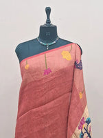 Rust Red Pure Silk Linen Saree 1