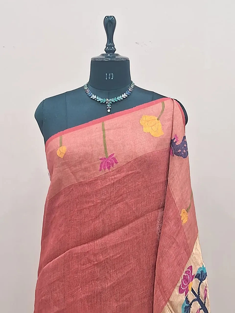 Rust Red Pure Silk Linen Saree 1