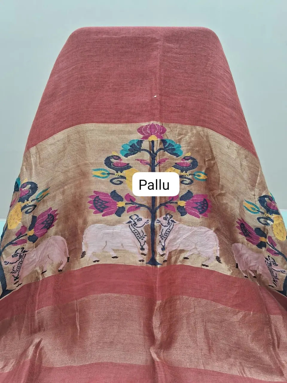 Rust Red Pure Silk Linen Saree pallu