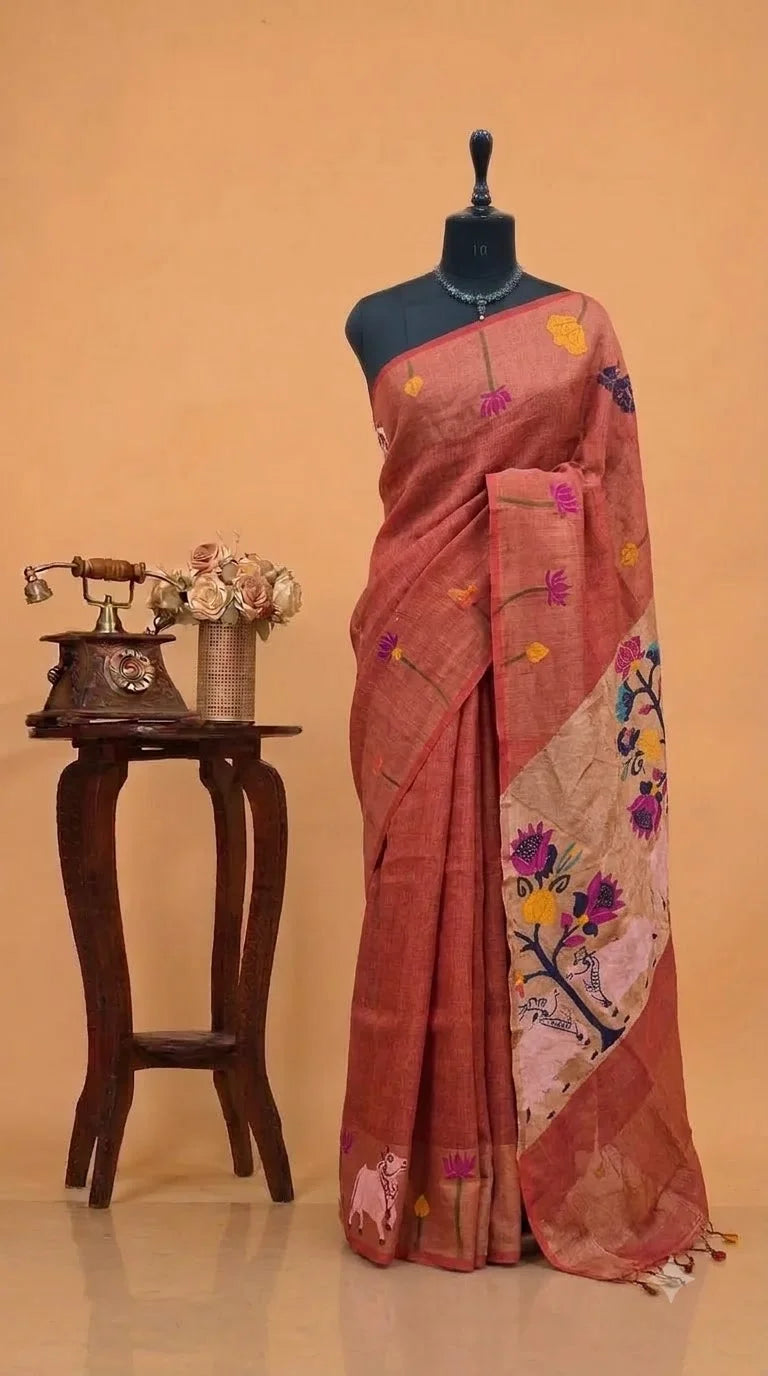 Rust Red Pure Silk Linen Saree 