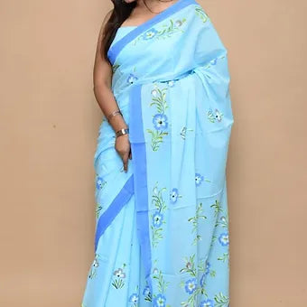 Aqua Sky blue soft cotton saree