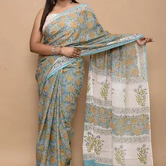 Teal blue soft cotton saree