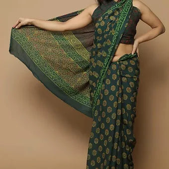 Bottle green Ajrakh printed soft cotton saree