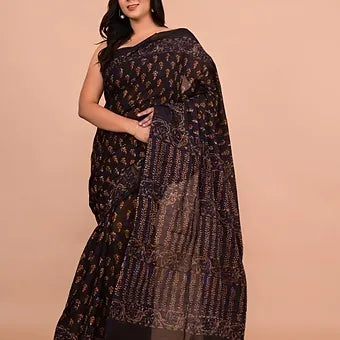 Black soft cotton saree