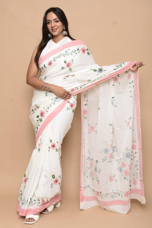 Milky White Soft Cotton Saree