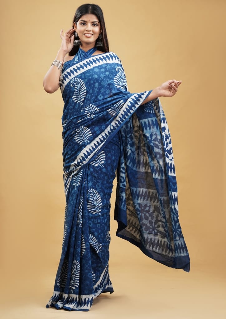 Traditional Indigo Blue Soft Cotton Saree