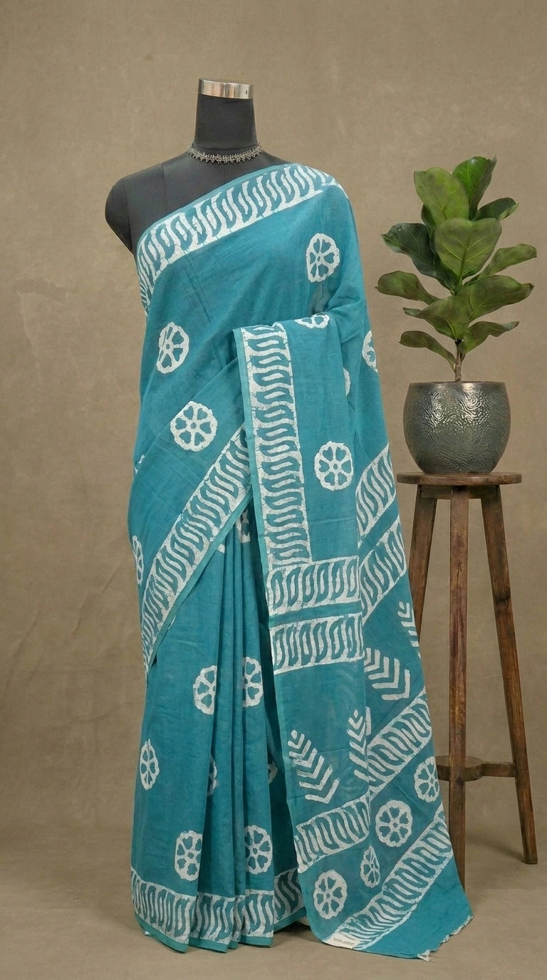 Teal Blue Soft Cotton Saree