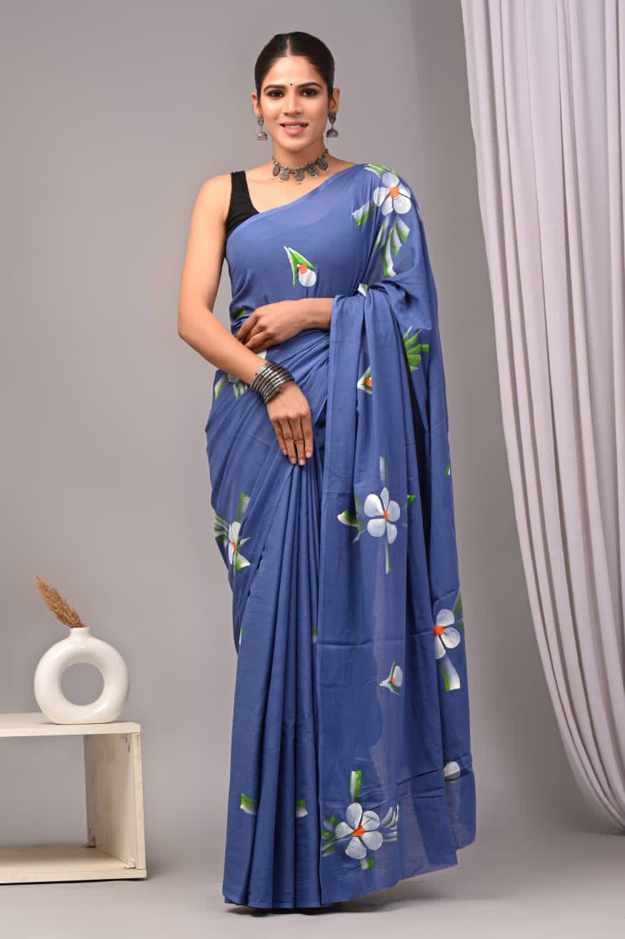 Navy Blue Traditional  Soft Cotton Saree